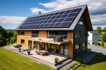  Solar panels on the gable roof of a beautiful modern home - obrazy, fototapety, plakaty
