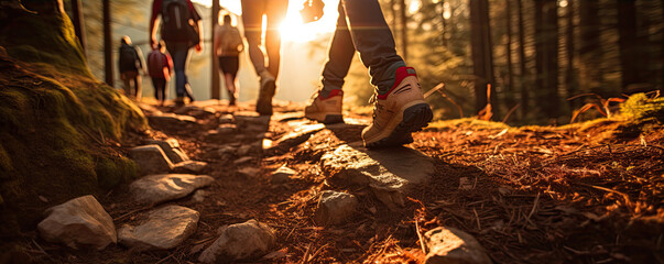 Hikers walking in fores in sunset light. Detail on hiker shoe rear view.  copy space for text. - obrazy, fototapety, plakaty