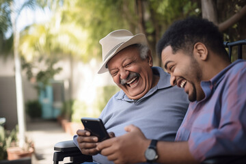 A Latin adult grandson shares moments of fun with his wheelchair-bound grandfather. They laugh heartily while watching a mobile device, the importance of valuing the time we spend with our loved ones.