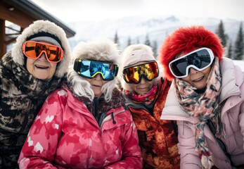 Group of elderly people wearing face masks while skiing in a resort.