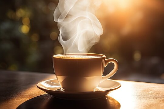 Morning Elixir. Aromatic Espresso In Vintage Rustic Setting On Wooden Table. Energy Boost. Aroma Of Tradition. Retro Cup On Surface. Coffee Ritual. Rich In Cafe