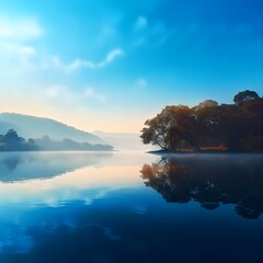 landscape with lake and forest in the morning. Nature composition.