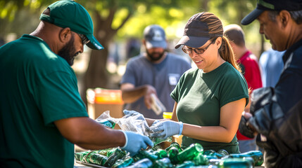 A community event dedicated to World Recycling Day. People sorting waste. - obrazy, fototapety, plakaty