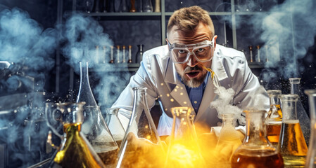 Hombre Científico Químico en bata blanca haciendo un experimento con probetas  - obrazy, fototapety, plakaty
