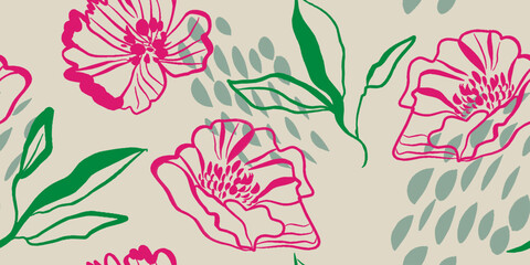 Modern floral with flowers print. Seamless pattern. Hand drawn style.  Fashionable template for design. Modern style.