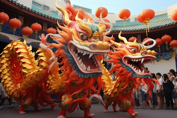 Chinese Dragon New Year dance performance in street. AI Generated.