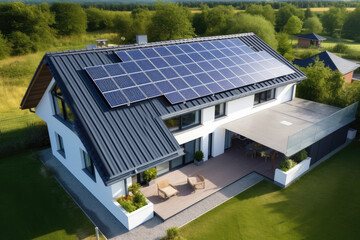 high view of Solar panels on the gable roof of a beautiful modern home, with grass lawn - obrazy, fototapety, plakaty