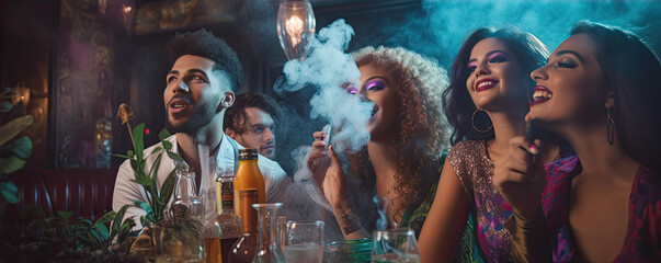 Happy smillig friends drinking and smoking shisha or Marijuana in night bar.