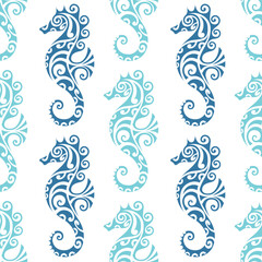 seamless pattern with seahorse maori style. Blue colors