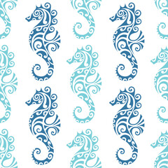 seamless pattern with seahorse maori style. Blue colors © Marina Storm