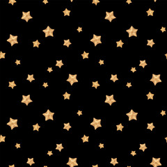 Gold Stars. Vector seamless Pattern. Hand drawn illustration of space on black isolated background. Watercolor drawing of night sky for wallpaper and fabric. Cosmos ornament for backdrop and textile