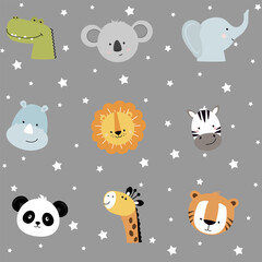 Fototapeta premium Seamless cute cartoon head animals. Nursery print