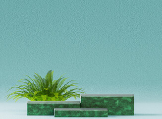 3D jade marble pedestal and palm tree.abstract green background