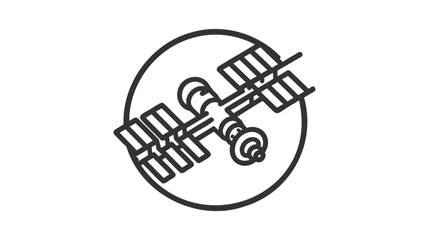 Artificial satelite in orbit around earth. Flat style. On white background. Thin line