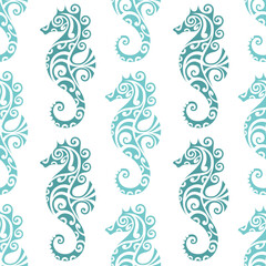 seamless pattern with seahorse maori style. Blue colors © Marina Storm