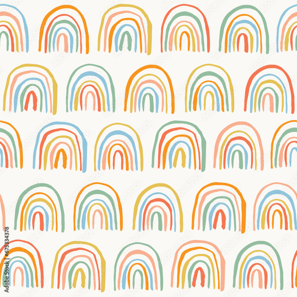Poster seamless pattern with multicolor hand drawn rainbows