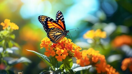 Obraz premium Beautiful image in nature of monarch butterfly on lantana flower.