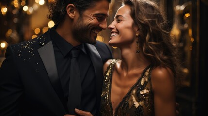 Loving couple at gala dinner night spending time together toasting champagne. Celebrating