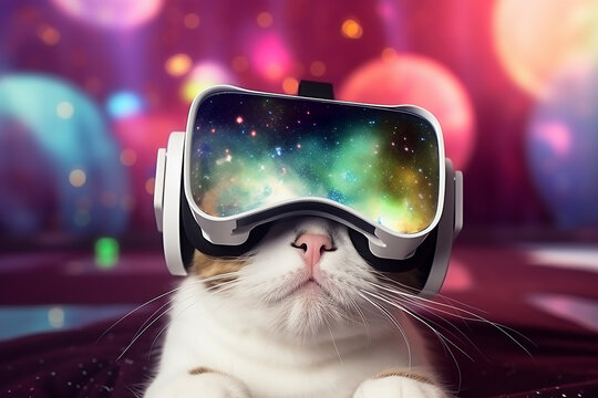 beautiful fat cat wearing VR virtual reality gogles on colored background, Technology future funny activity concept