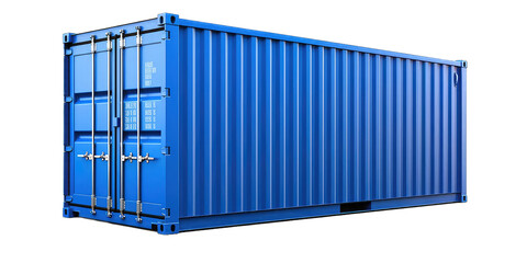 Blue cargo container isolated on transparent background. Modern industrial shipping equipment - obrazy, fototapety, plakaty