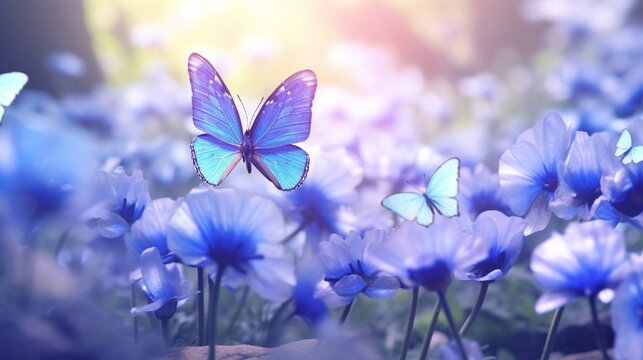 Beautiful spring background with blue butterfly in flight and flowers anemones in forest on nature. Delicate elegant dreamy airy artistic image harmony of nature.