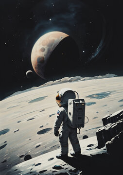 illustrazione di astronauta sulla superficie di un pianeta inospitale, spazio con nebulose e pianeti