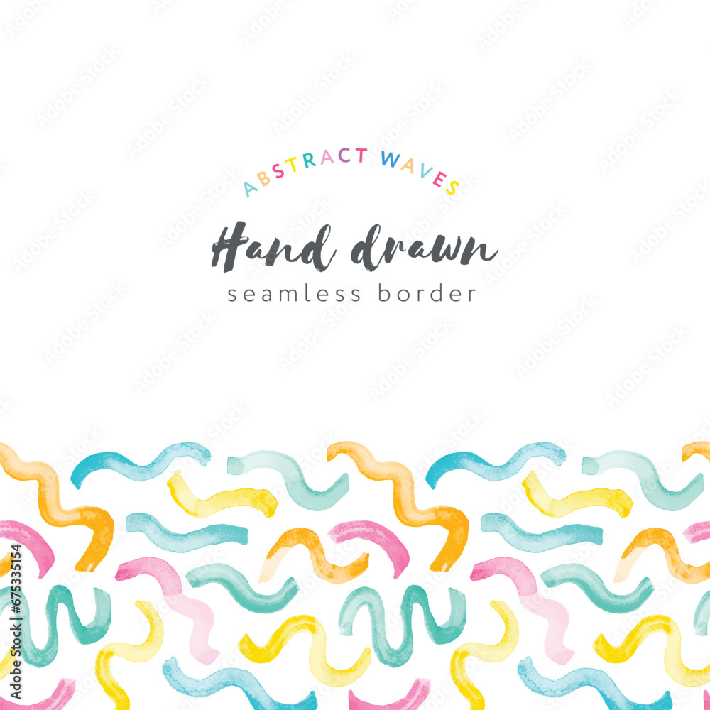 Poster hand drawn abstract background with watercolor curves in bright colors. seamless border