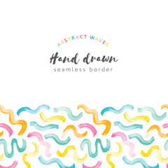 Hand drawn abstract background with watercolor curves in bright colors. Seamless border - 675335154