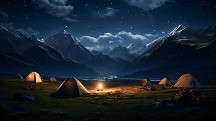 Travelers set up camp in the highlands, with tents at the front. generative AI.
