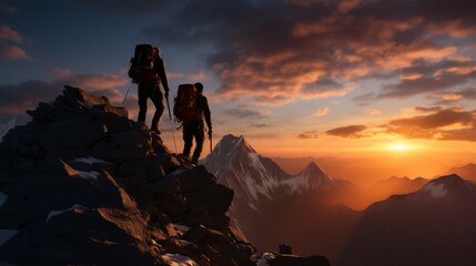 Two people are atop a mountain peak, visualizing a team triumph. generative AI