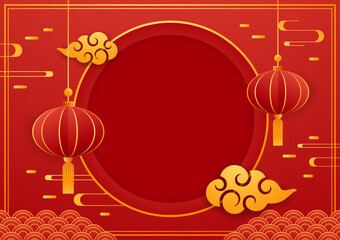 Happy Chinese new year 2024. Chinese new year banner with circle for show product. Greeting card. China frame with lantern on red background.
