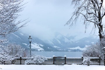 Winter landscape. Lake, snow, Christmas mood. New Year. Mountains.
