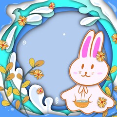 Postcard, rabbit pattern, water wave background, blue, paper cut