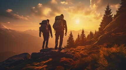 Two people are atop a mountain peak, visualizing a team triumph. generative AI