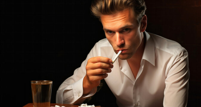 Hombre con adicciones o vicios fumando y bebiendo