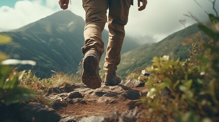 A man ascending a mountain path; close-up of his footwear made of leather The hiker is seen moving,...