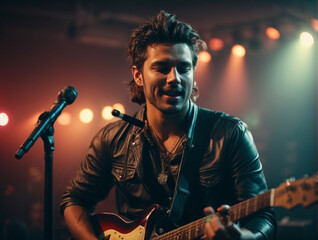 Obraz premium Portrait of rock singer holding electric guitar and fixed acoustic microphone on concert stage.