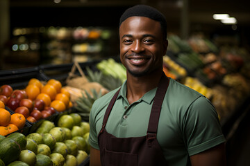 A happy African male trader standing in a market place