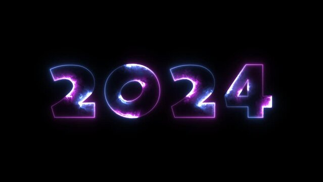 Texto 2024 con contornos brillantes color ne&oacute;n morado y azul para fin de a&ntilde;o