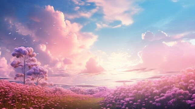 Idyllic spring background with blossoming lilac bushes flowers and pink wildflowers on meadow. Pink morning clouds on blue sky over delicate flowering spring meadow, space for text