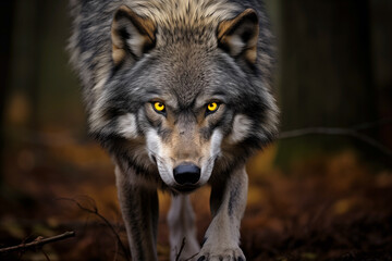 Obraz premium A Gray Wolf with Piercing Yellow Eyes