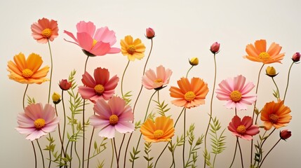 Orange, pink and yellow cosmos flowers are bloom on a white background.
