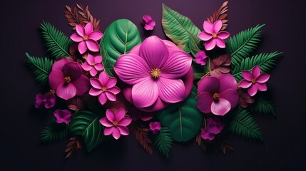 Pink neon lights colorful flowers arrangement with natural green leaves. Minimal flower concept. Flat lay. Abstract floral composition.