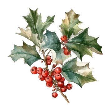 watercolor holly branches on white background, Christmas, New Year design element