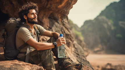 Young Indian man taking his water break while trekking