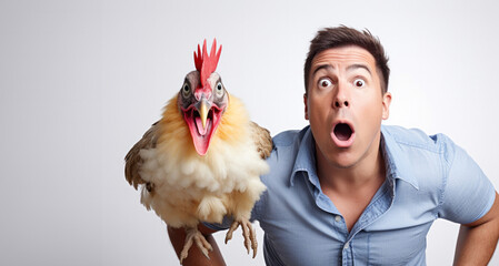 Un hombre y un gallo muy sorprendidos con la boca abierta