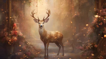 Plexiglas foto achterwand a deer with delicate antlers, embellished with flowers and glitter, standing amidst a garden of New Year decorations, embodying grace and natural beauty. © baloch