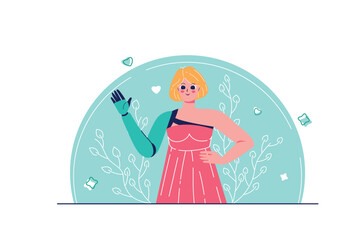 Disabled people concept with people scene in the flat cartoon design. A cute girl with a prosthesis instead of an arm lives an ordinary life and does not deny herself anything. Vector illustration.