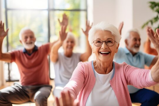 Elderly group doing a workout or training class together. Gym, fitness, sport, pilates, yoga concept. Long and healthy life.