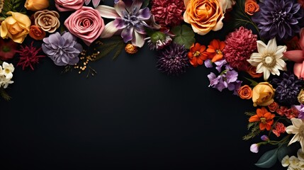 Various flowers on black background. Overhead view with copy space - Powered by Adobe